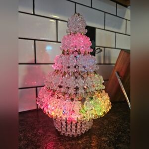 Vtg Safety Pin Clear Beads Gold Pink Christmas‎ Tree 10” Lighted Colored Lights